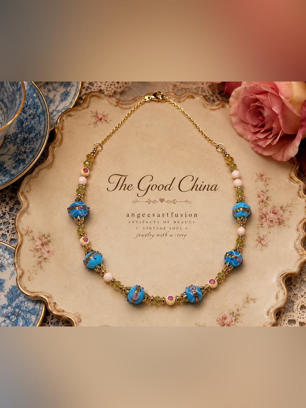 “The Good China”- Wedding Cake Glass Beads & Vintage West Germany Glass Necklace